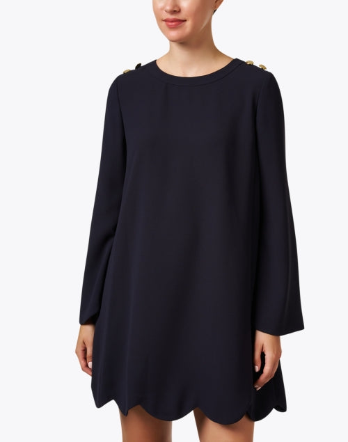 Ruodana Feminine Navy Shift Dress with Scalloped Details