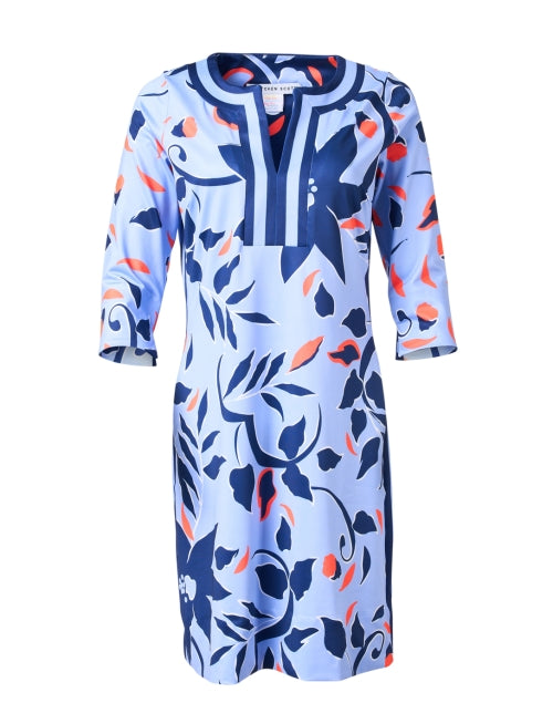 Printed Blue and Crimson Floral Women's Tunic-Style Dress