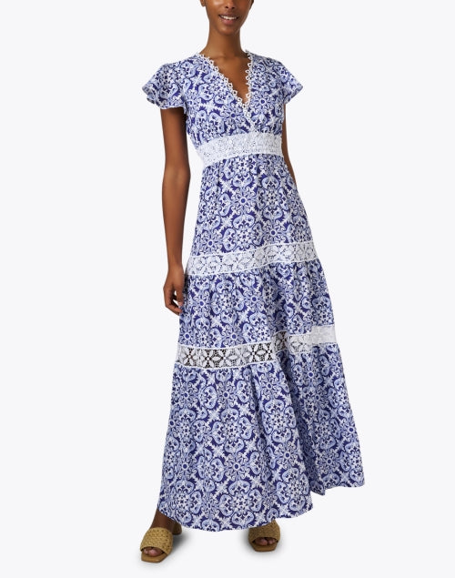 Stylish Blue Geometric Print 100% Linen Women's Maxi Dress