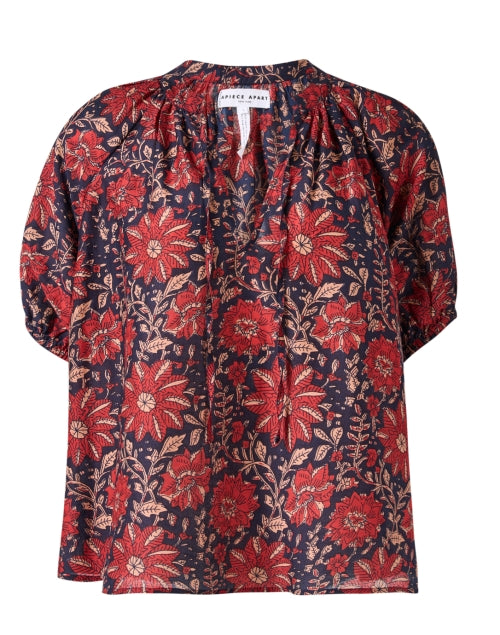 Lumina Red Patterned Cotton Silk Women's Fashion Top