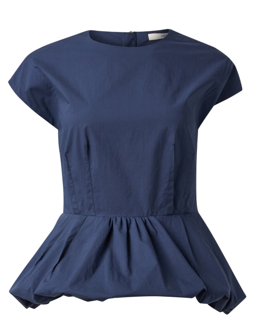 Navy Crisp Cotton Poplin Peplum Top with Bubble Ruffle Hem