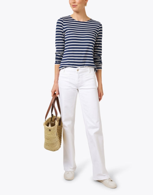 Luxurious Minquidame Navy and Off - White Striped Cotton Casual Top