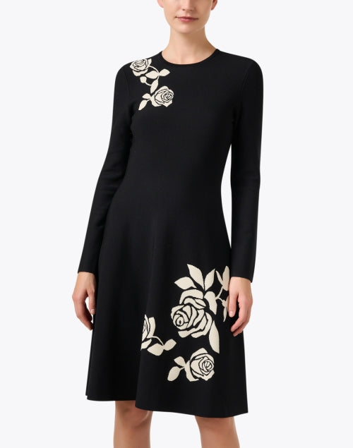 Stylish Black Jacquard Women's Dress with Ivory Rose Print