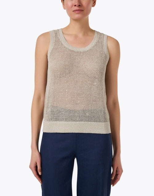 Beige-colored Linen-made Open-knitted Sleeveless Women's Top