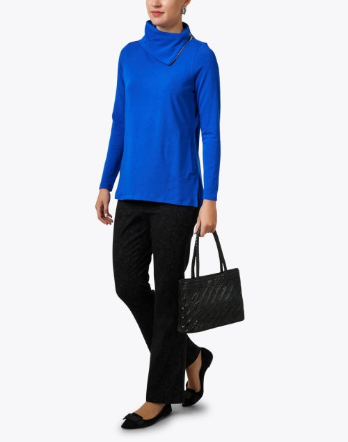 Elegant Blue Pima Cotton Cowl - Zipper Neck Long - Sleeve Tunic