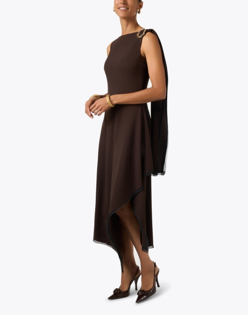 Stylish Brown Crepe Fit-and-Flare Dress with Draped Shoulder Detail