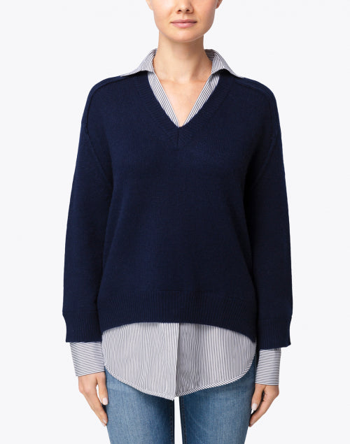 Stylish Navy Cashmere Blend Sweater with Striped Underlayer Design