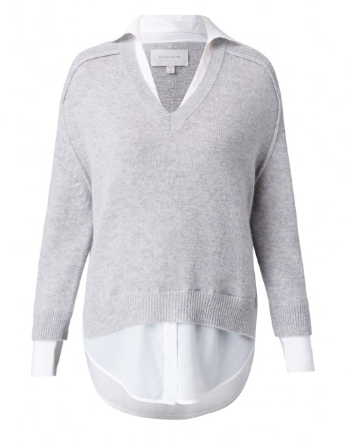 Stylish Vail Grey Cashmere Blend Sweater with White Shirt Detailing
