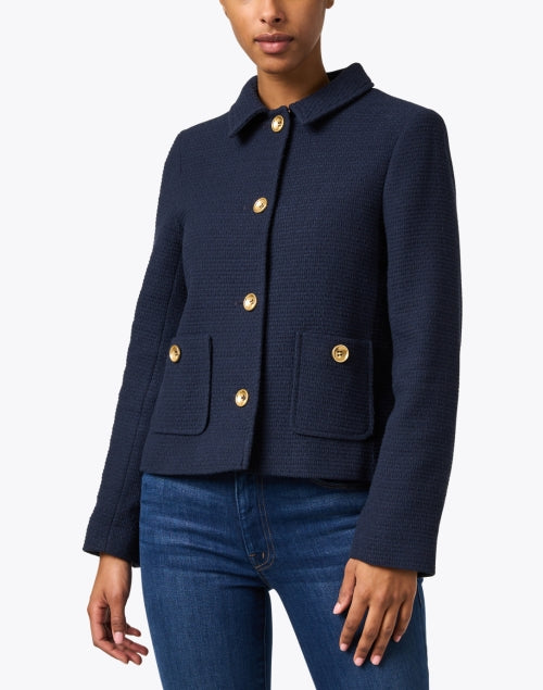 Helene Berman Greta Style Navy Blue Gold-Buttoned Woven Cotton Blend Jacket