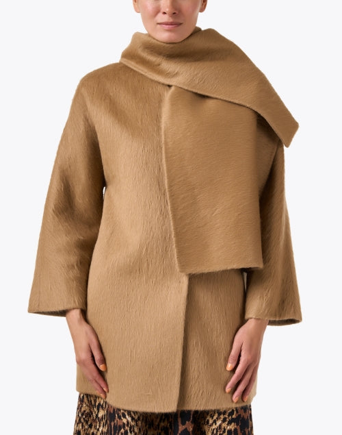 Fiumana Wool-Alpaca Blend Camel Scarf Detachable Wrap Style Coat for New Season