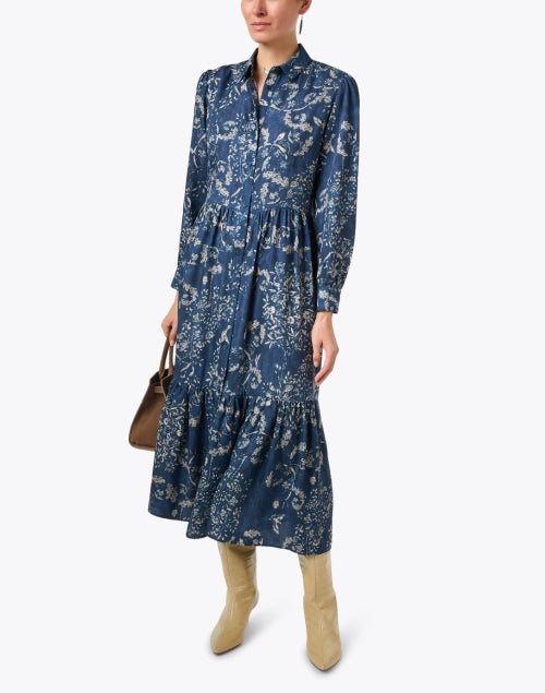 Stylish Women's Blue Floral Pattern Print Shirt Style Dress