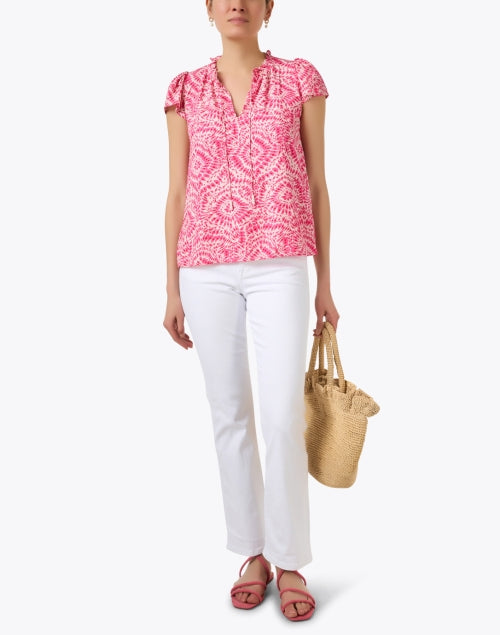 Sandra Lightweight Pink Printed Top with Tie Neck and Flutter Sleeves