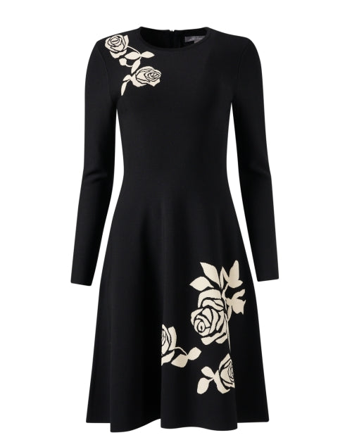 Stylish Black Jacquard Women's Dress with Ivory Rose Print