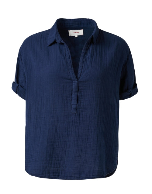 Navy Blue Cotton Gauze Casual Collared Cruz Women's Top