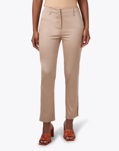 Beige Stretch Cotton Split Hem Straight Leg Pants for Effortless Style