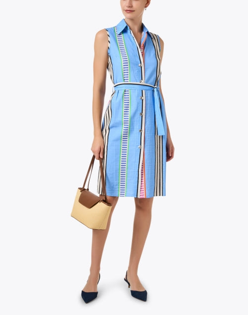 Stylish Mariya Blue Striped Seersucker Sleeveless Dress with Self - Tie Belt