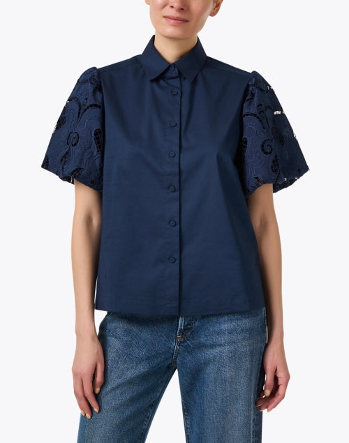 Navy Angeline Blouse with Eyelet Sleeve Design for Modern Women