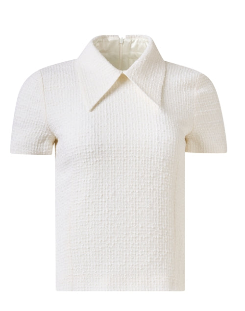 Stella Ivory Tweed-Fabric Collared Fashion Top for Women's Everyday Wear