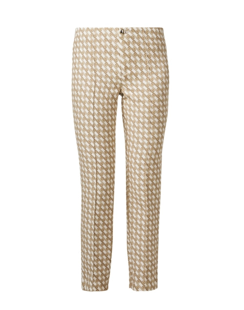Anna Women's Beige Geometric Patterned Stretch Pants with Chic Zippers