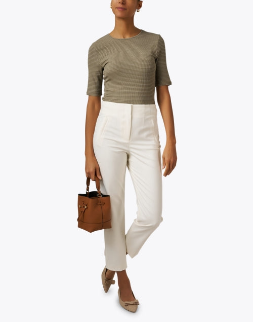 Stylish Green-Striped Stretch Knit Elbow-Length Sleeve Top