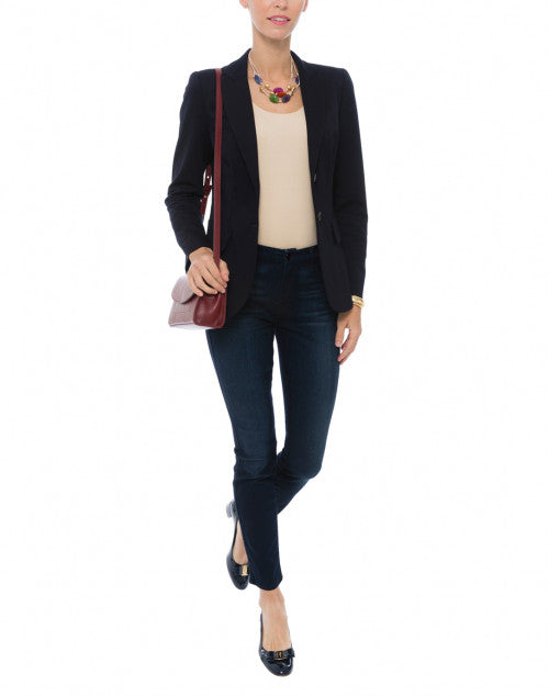 Stylish Navy Lightweight Stretch Jersey Knit Single-Breasted Blazer
