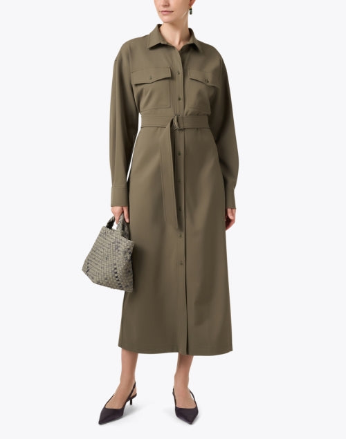 Stylish Khaki Green Knit Blend Shirt Dress with D - ring Belt