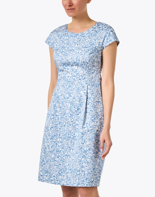 Stylish Blue and White Printed Stretch-Cotton Sheath Dress for Modern Women