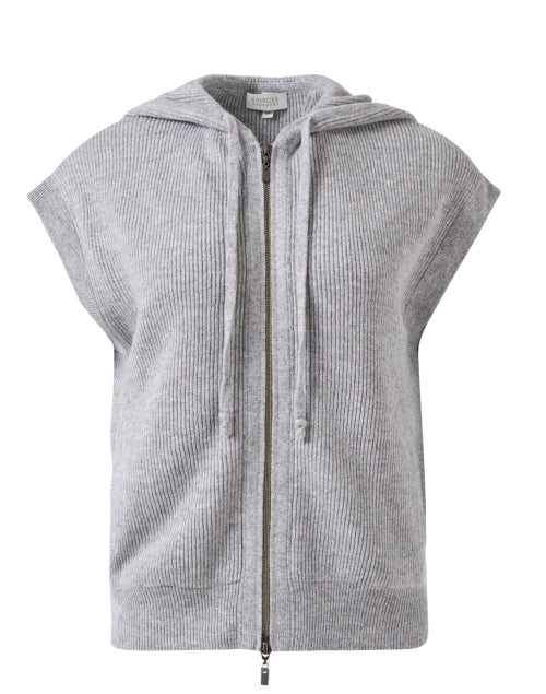 Stylish Grey Cashmere Knit Jacket with Drawstring Collar