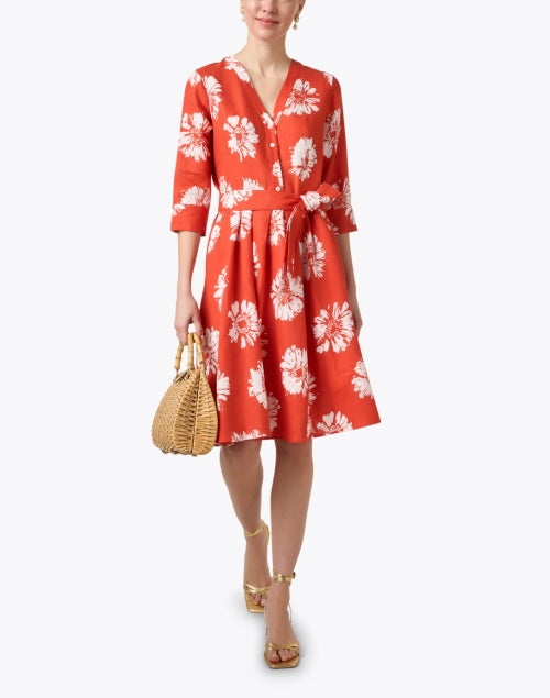 Stylish 100% Linen Orange Floral Dress with Self - Tie Belt
