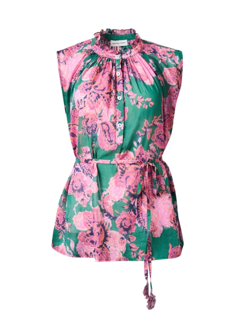 Rosette Print Cotton-Silk Blend Sleeveless Blouse in Green and Pink Colors