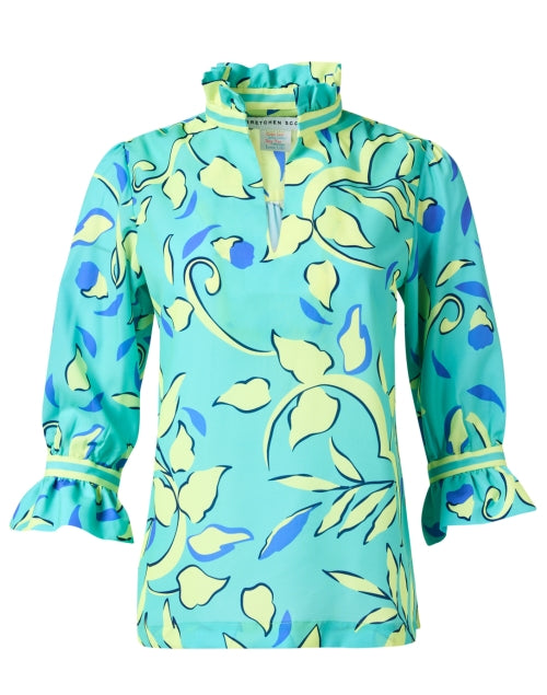 Fashionable Turquoise Floral-Printed Ruffled Women's Tunic for a Feminine Look