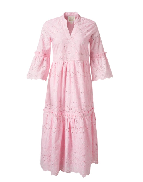 Pink 100% Cotton Eyelet Lace Midi Tiered Dress for Women