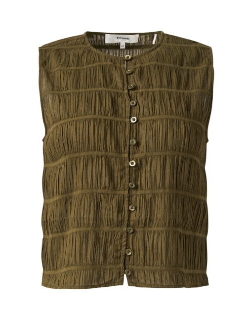 Chic Green Smocked Cotton Sleeveless Top with Button Front