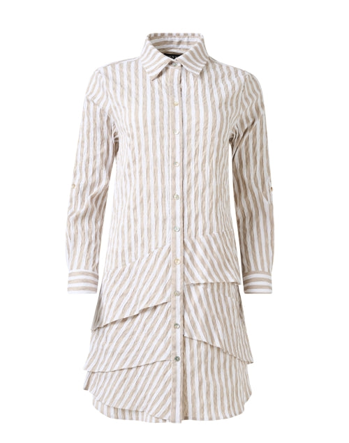 Stretchable Beige and White Striped Cotton Asymmetric Tiered Shirt Dress