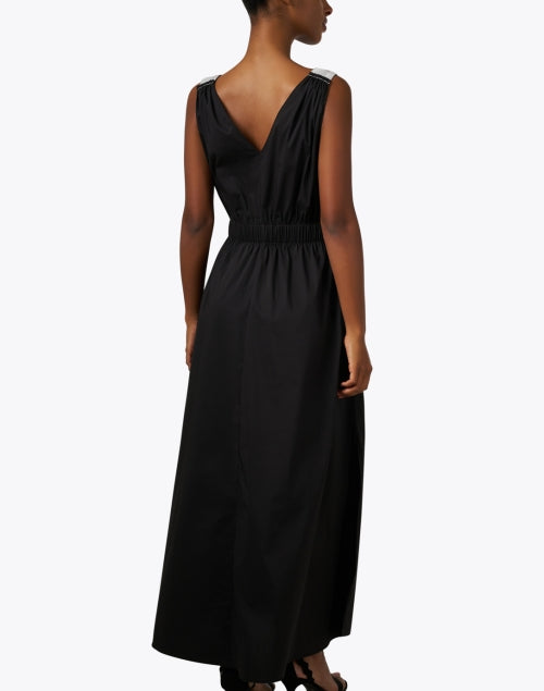 Elegant Black Cotton Blend A-Line Maxi Dress with Belt and Shoulder Details