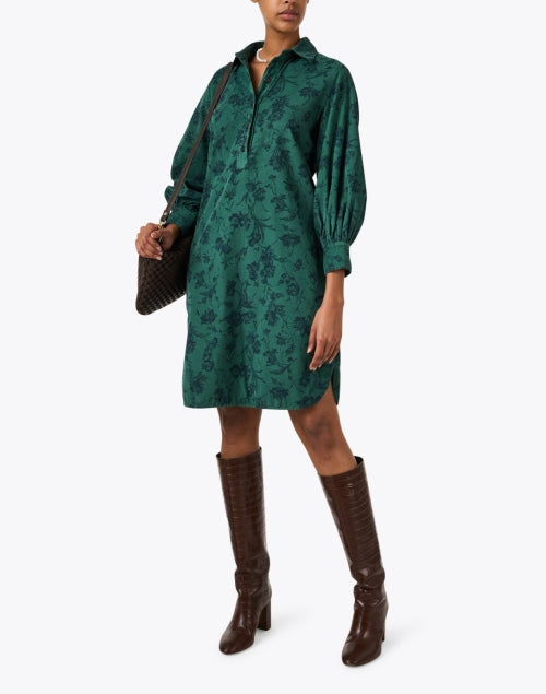 Elegant Green Floral Printed Cotton Corduroy Women's Dress