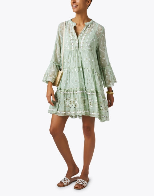 Stylish Women's Green Mosaic Printed Cotton Dress with Flare Sleeves and Tiered Skirt
