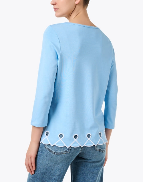 Stylish Blue Pima Cotton Embroidered Knit Crew Neck Top