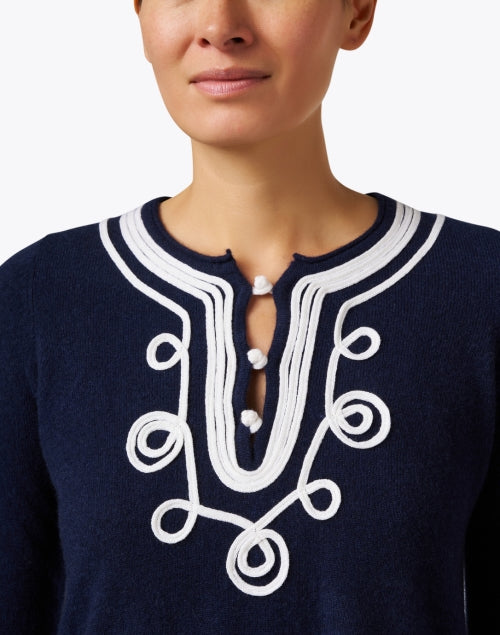 Stylish Navy Cashmere Calipso Top with Intricate White Embroidery