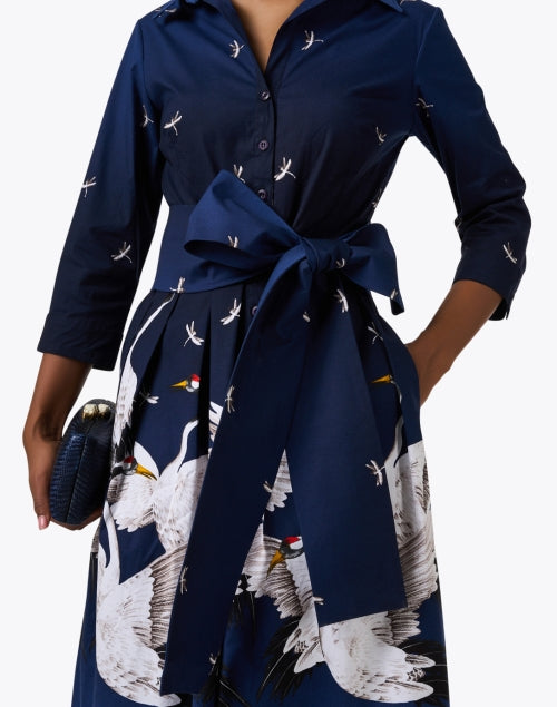Audrey Navy Blue Crane Patterned Cotton Stretch Women's Shirt Dress
