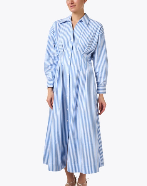Exquisite Sutton Blue-and-White Striped Cotton Blend Shirt Dress with Tailored Waist