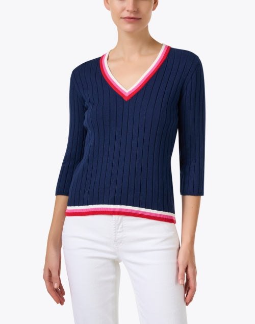 Navy Blue Contrast Trim Men's Cotton Knit Sweater