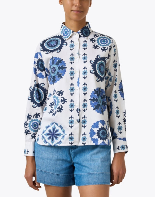 Stylish Isa Cotton Shirt with White and Blue Prints