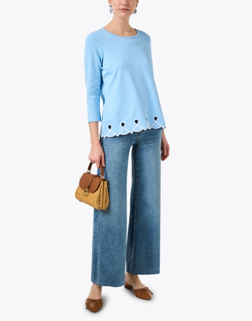 Stylish Blue Pima Cotton Embroidered Knit Crew Neck Top