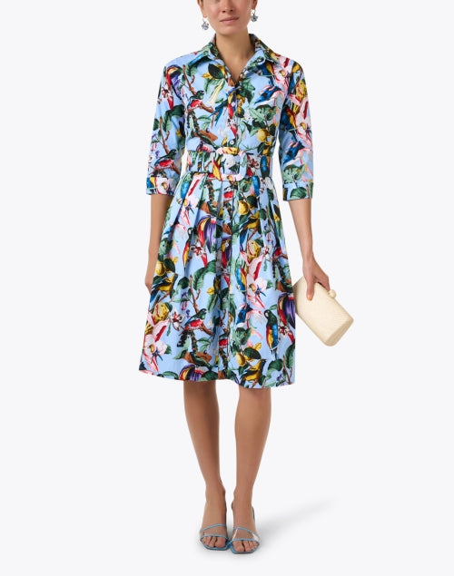 Stretchy Audrey Blue Cotton Dress with Botanical Print