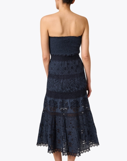Stylish Navy Cotton Eyelet Embroidered Strapless Dress