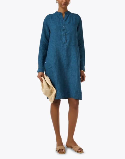 Stylish Teal-Colored Linen Casual Shift Dress for Women