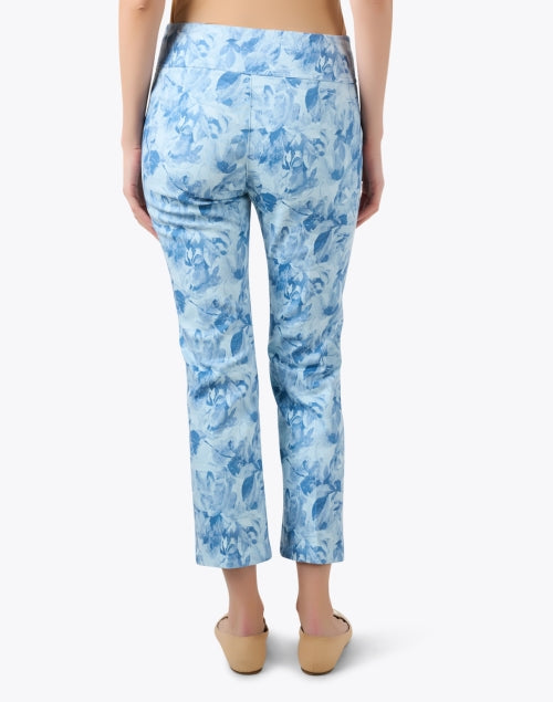 Women's Blue Floral Patterned Pull-On Cropped Cotton Stretch Pants
