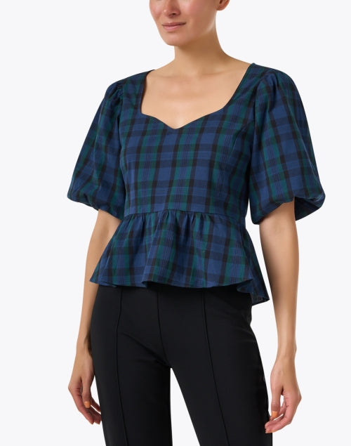 Sail to Sable Blackwatch Tartan Sweetheart Neck Peplum Top