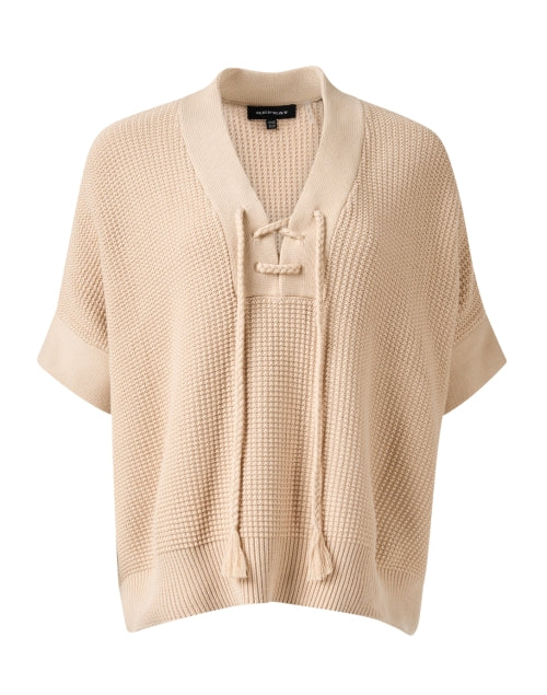 Soft Tan Cotton Waffle Knit V-Neck Relaxed Poncho